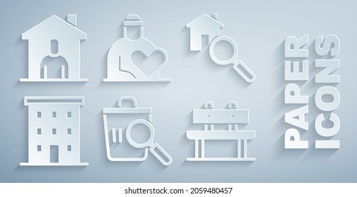 Set Searching For Food, House, Multi Storey Building, Bench, Volunteer And Shelter Homeless Icon. Vector