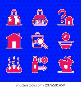 Set Searching for food, Reception of glass bottles, Ruined house, Donation money, Real estate, House with question mark and Homeless icon. Vector