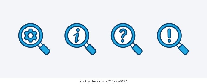 Set of searching icon for settings, information, question and answer. Magnifier with gear service, support sign containing exclamation, query, and info help assistance. Vector illustration