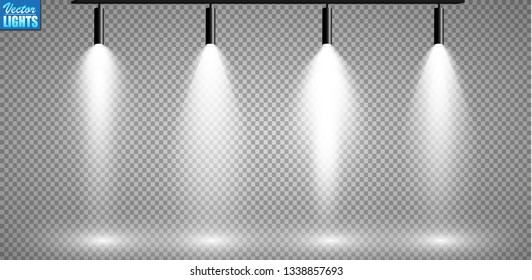 Set of searchlights on a transparent background. Bright lighting with spotlights. The searchlight is white.