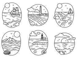 Set Of Seascapes In Frames. Collection Of Beach Scene In A Circular Border Vessel, Beach Rest, Sunny, Lighthouse. Vacation At The Ocean. Tourism Logo. Vector Illustration On White Background. 