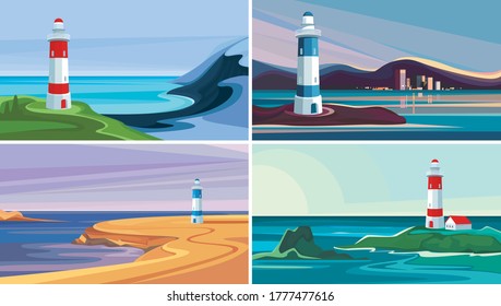 Set of seascapes with lighthouse. Beautiful nature sceneries.