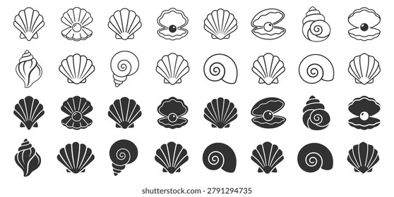 set of seashell black and white vector icons shell shapes types on transparent background