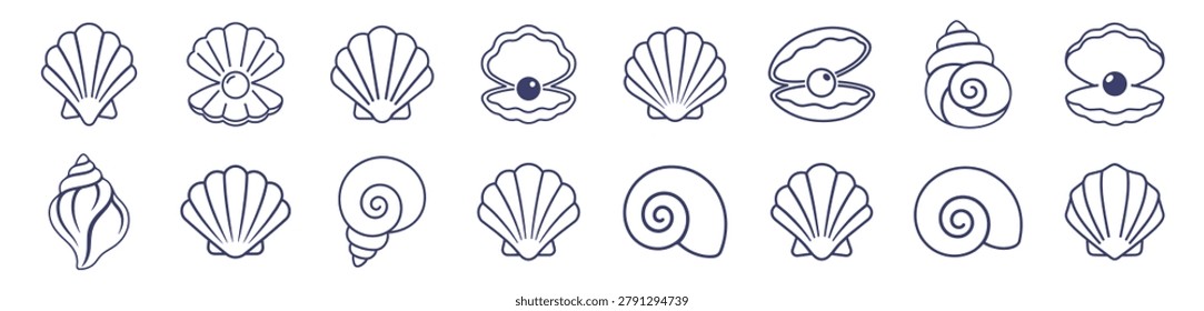 set of seashell line icons collection with pearl shell and spiral shell vector illustration on transparent background