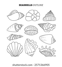 Set of Seashell or Sea Shell outline collection with line art style, Beach Aquatic Marine Ocean Animal Shellfish. Flat Style Icon Vector Illustration, flat vector illustration.