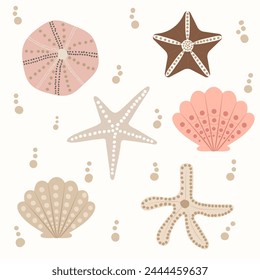 set of seashell shapes and starfish in pale sand colors for your design