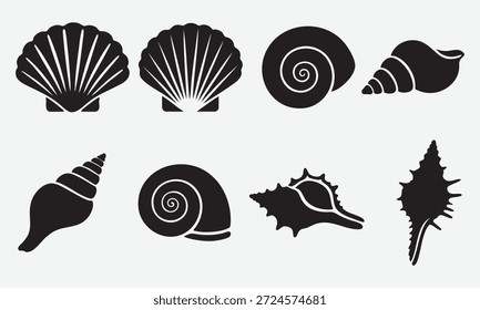 Satz von Muschelspirale und fächerförmigen marinen Lebensformen. Silhouette, Vektorformat mit weißem Hintergrund