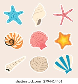 Set of Seashell stickers in flat design. Summer icon pack. Vector illustration. Coastal ocean shell set with conch, scallop, nautilus, oyster, clam, spiral shells, starfish, coral, marine elements. 