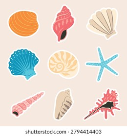 Set of Seashell stickers in flat design. Summer icon pack. Vector illustration. Coastal ocean shell set with conch, scallop, nautilus, oyster, clam, spiral shells, starfish, coral, marine elements. 