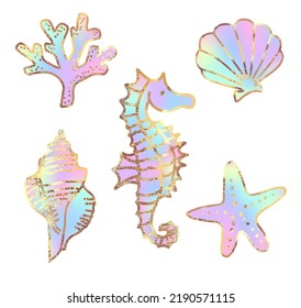 
A set of seashells of 5 objects: seahorse, star, coral, seashells. Iridescent iridescent items with gold trim. Vector drawing by hand on a white background.