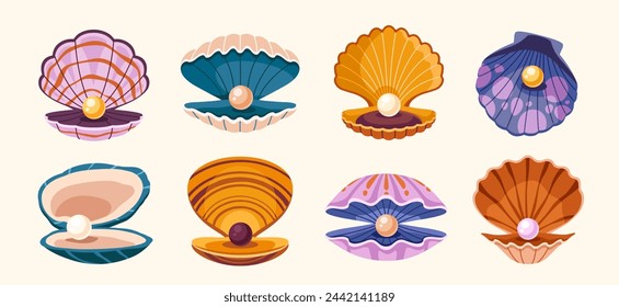 Set of seashells. Beautiful underwater shells with sparkling pearls. Opened clam or scallop with precious luxury sphere. Marine pearls. Cartoon flat vector illustration isolated on beige background