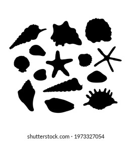 Set of seashells. Collection of sea shells silhouette of various shapes. Marine set. Hand drawn vector illustration. Design element for invitations, greeting cards, posters, banners, flyers and more.