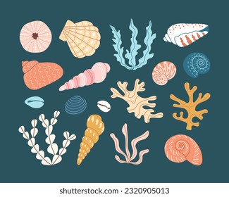 Conjunto de conchas, corales y algas sobre fondo azul. Ilustración colorida dibujada a mano. Conjunto de vectores del fondo marino. Estilo de caricatura plano. Colección de vacaciones de verano, conchas tropicales de playa.