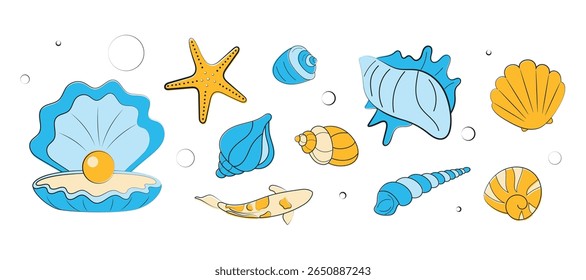 Set of seashells in doodle style. Beach and ocean coast elements for invitation, card, sticker, party, picnic, wedding.