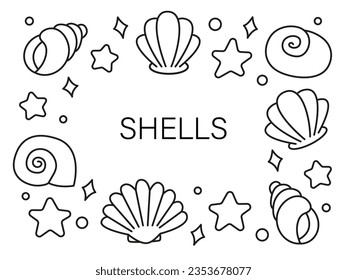 Set of seashells in doodle style, cartoon nautical icons. Sea frame, gifts of the ocean. Black and white vector illustration isolated on white background. Hand drawn shells collection, pack. 