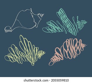 Set with seashells on colored background. Flat style. Vector illustration.Illustration for restaurant menu, cosmetics, health care products, wrapping paper, postcards, prints for clothes.