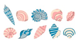 Set Of Seashells On White Background. Ocean Exotic Underwater Seashell Conch Aquatic Mollusk, Sea Spiral Snail, Marine Starfish. Hello, Summer. Vacation. Undersea Collection, Tropical Beach.