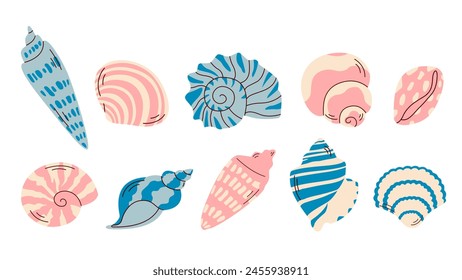 Set of seashells on white background. Ocean exotic underwater seashell conch aquatic mollusk, sea spiral snail, marine starfish. Hello, summer. Vacation. Undersea collection, tropical beach.