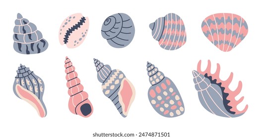 Set of seashells on white background. Ocean exotic underwater seashell conch aquatic mollusk, sea spiral snail, marine starfish. Hello, summer. Vacation. Undersea collection, tropical beach.