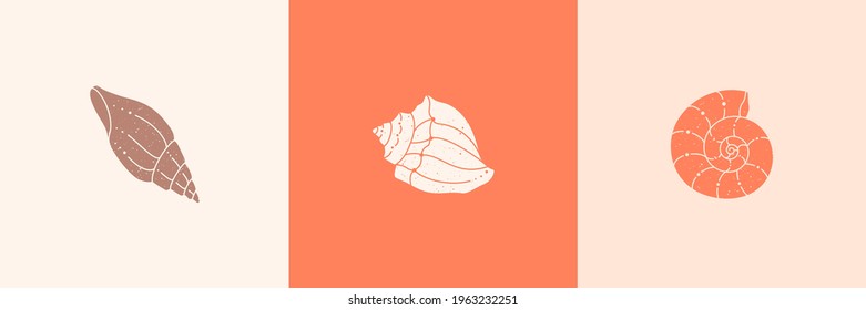 Set of Seashells Outline Icons in a Trendy Minimal Style. Vector Illustration of a Conch, Snail, Scallop and for Website, T-Shirt Print, Tattoo, Social Media Post and Stories