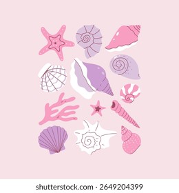 Set of seashells in soft pink and purple colors. Vector graphics.