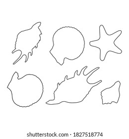 Conjunto de conchas de concha y pez estrella. Ilustración vectorial de contorno. Cortando forma. conjunto de iconos lineales. diferente. Varias conchas moluscas.  EPS10.