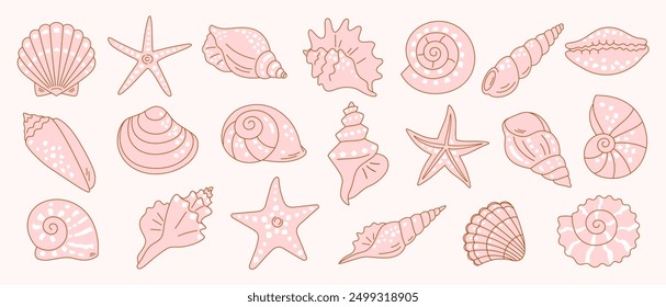 Set of seashells and starfish of different shapes and types. Vector isolated simple symbol icons in pink color with outline in flat style. Marine tropical design elements.