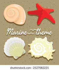 Conjunto de conchas marinas y estrellas de mar con un tema marino