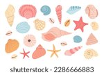 Set of seashells and starfish on white background. Flat cartoon style. Summer vacation collection, tropical beach shells.