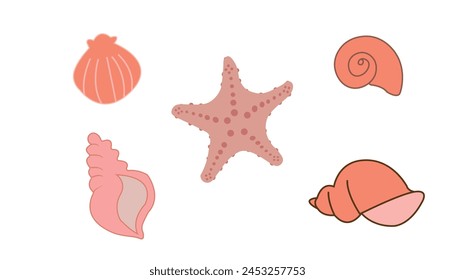 

Set of seashells and starfish on white background. Flat cartoon style. Summer vacation collection, tropical beach shells.