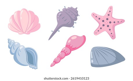 Set of seashells and starfish on white background. Tropical beach shells.
