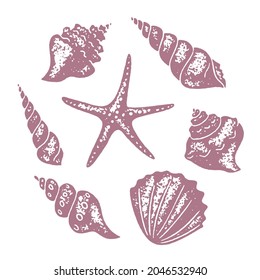 Set of seashells and starfish. Vector stamps with a grainy texture.
