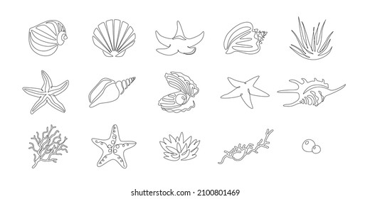 Set of seashells and starfishes. Continuous one line drawing of oyster mollusk with pearl corral and snail shells in simple linear style. Modern minimalist outline icon. Doodle Vector illustration