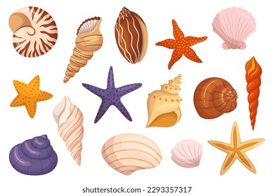 Set Of Seashells And Starfishes Icons, Perfect For Coastal Decor, Beach-themed Crafts, And Adding A Touch Of The Ocean To Any Room Isolated on White Background. Cartoon Vector Illustration