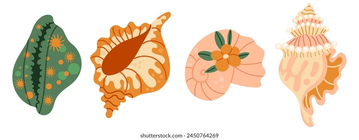 Set of seashells and starfishes. Pearl corral and snail shells. Sea life elements. Vector illustration sea set for poster, card, scrapbooking , stickers.