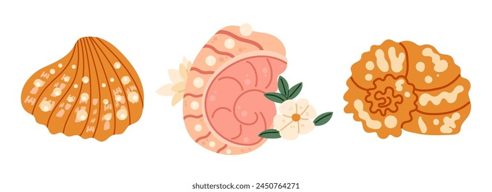 Set of seashells and starfishes. Pearl corral and snail shells. Sea life elements. Vector illustration sea set for poster, card, scrapbooking , stickers.