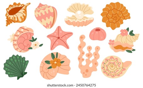 Set of seashells and starfishes. Pearl corral and snail shells. Sea life elements. Vector illustration sea set for poster, card, scrapbooking , stickers.