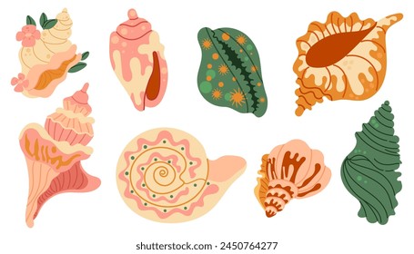 Set of seashells and starfishes. Pearl corral and snail shells. Sea life elements. Vector illustration sea set for poster, card, scrapbooking , stickers.