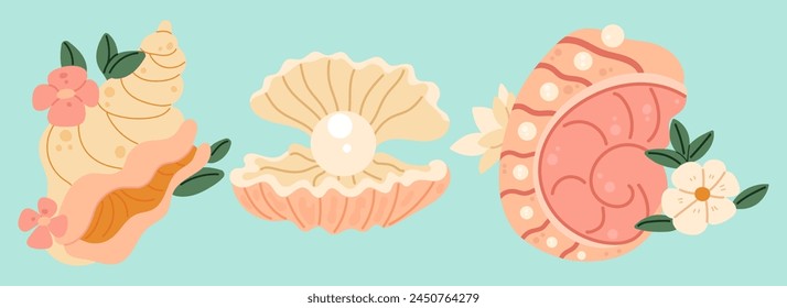 Set of seashells and starfishes. Pearl corral and snail shells. Sea life elements. Vector illustration sea set for poster, card, scrapbooking , stickers.