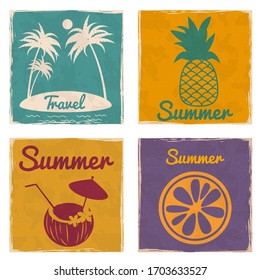 Set Seaside Beach Coconut Cocktail Pineapple Sliced Orange Lemon vintage cards poster. Textured grunge effect retro card with text Travel Summer Vector illustration silhouette isolated