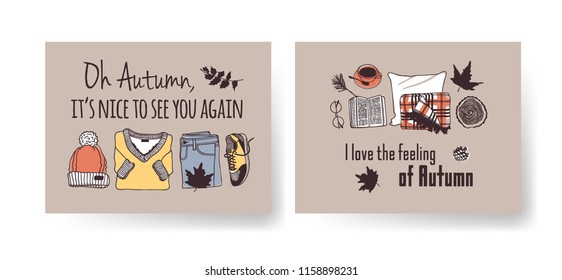 Set of Season Cards with cozy things. Hand drawn Autumn illustrations. Creative ink art work. Actual vector Drawing