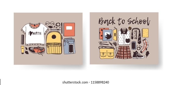 Set of Season Cards with cozy things. Hand drawn Autumn illustrations. Creative ink art work. Actual vector Drawing