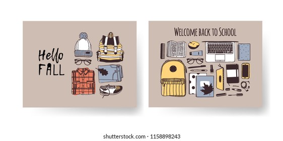 Set of Season Cards with cozy things. Hand drawn Autumn illustrations. Creative ink art work. Actual vector Drawing