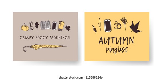 Set of Season Cards with cozy things. Hand drawn Autumn illustrations. Creative ink art work. Actual vector Drawing