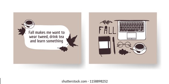 Set of Season Cards with cozy things. Hand drawn Autumn illustrations. Creative ink art work. Actual vector Drawing