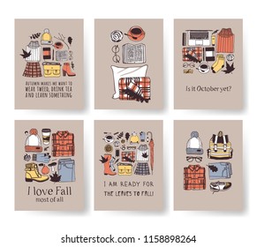 Set of Season Cards with cozy things. Hand drawn Autumn illustrations. Creative ink art work. Actual vector Drawing