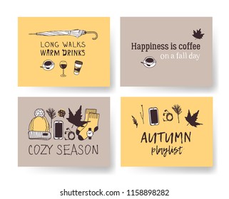 Set of Season Cards with cozy things. Hand drawn Autumn illustrations. Creative ink art work. Actual vector Drawing