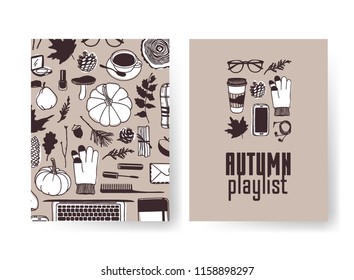 Set of Season Cards with cozy things. Hand drawn Autumn illustrations. Creative ink art work. Actual vector Drawing