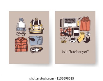 Set of Season Cards with cozy things. Hand drawn Autumn illustrations. Creative ink art work. Actual vector Drawing