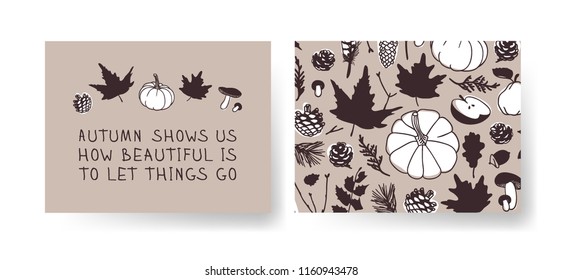 Set of Season Cards with cozy things. Hand drawn Autumn illustrations. Creative ink art work. Actual vector Drawing